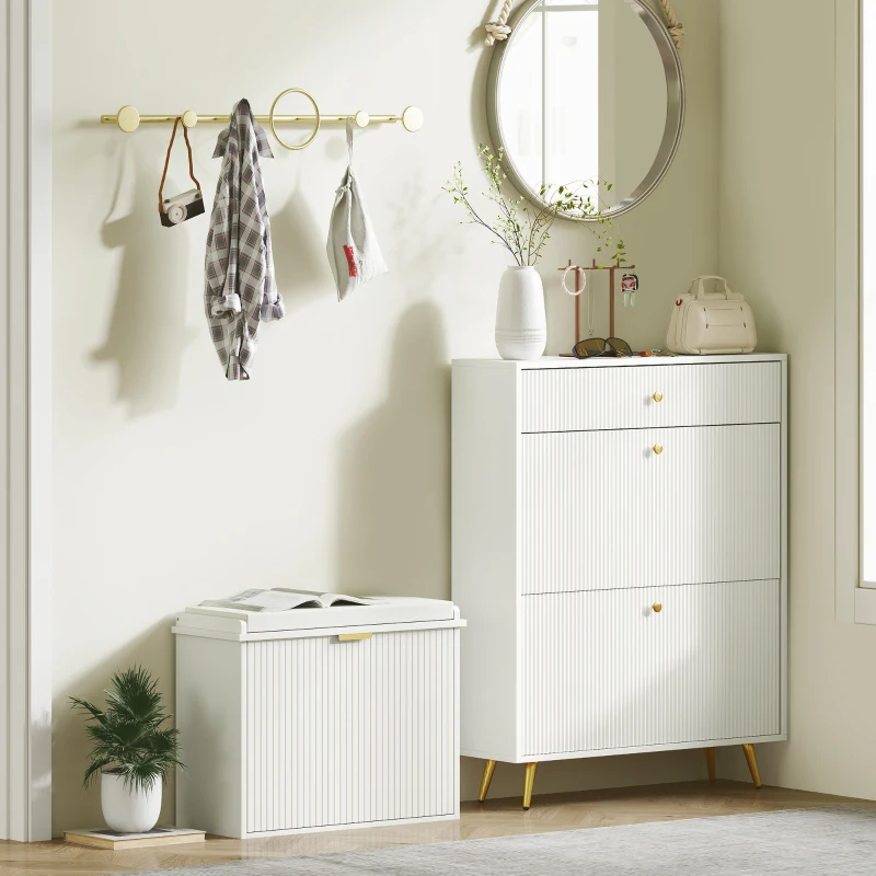 HOMCOM Banc pentru pantofi cu pernă șezut căptușit și sertar rabatabil pentru hol, cameră, 62 x 26 x 47,5 cm, alb