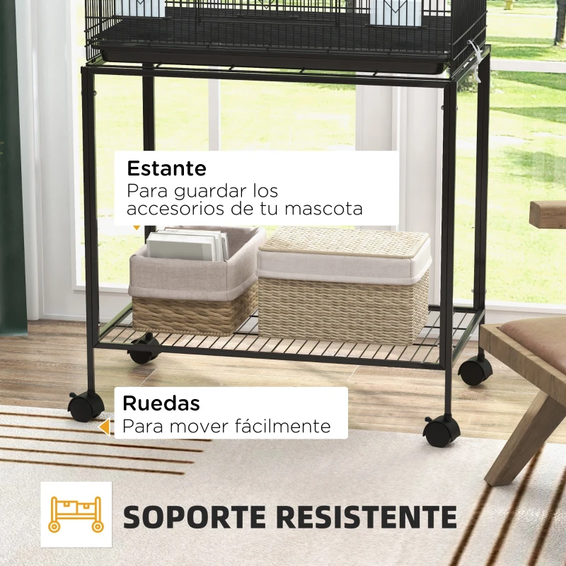 PawHut Colivie pentru Pasari cu Rotile 77x46x119 cm, cu Tava Detasabila 2 Suporturi 2 Hranitoare Negru