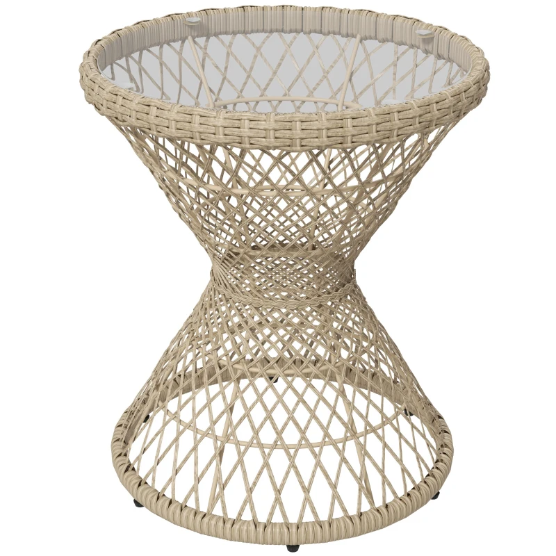 Outsunny Masă de cafea Boho design, placă de sticlă, PE-Rattan, 45 cm x 45 cm x 52 cm, Natural