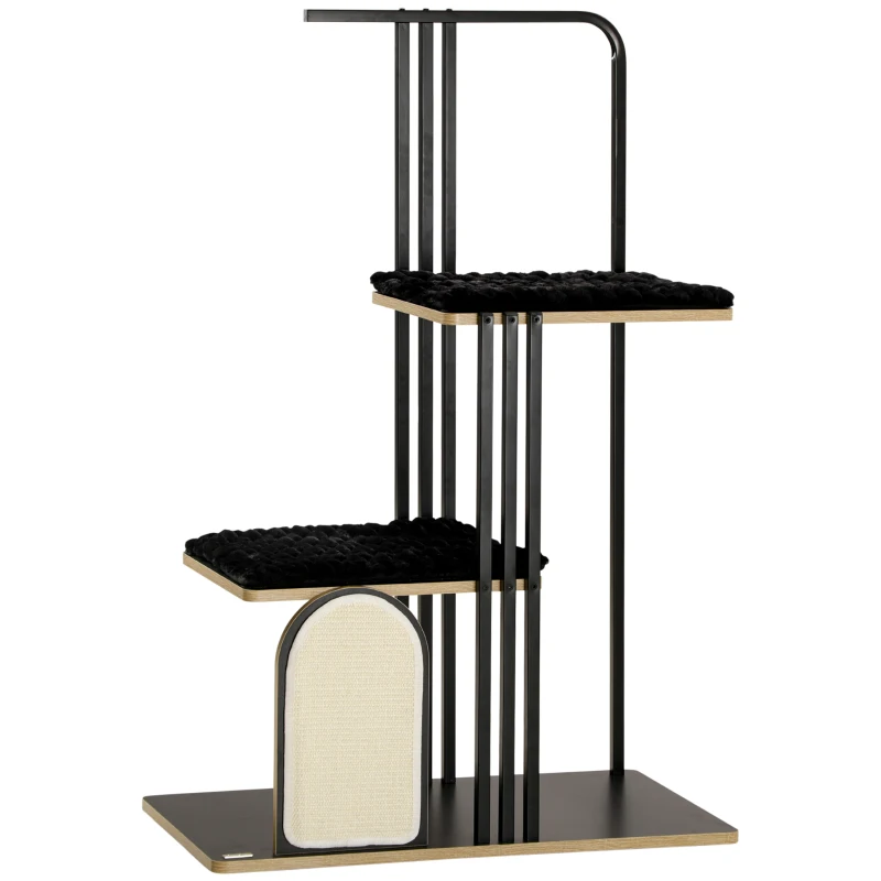 PawHut Copac de joacă, Design industrial, 2 platforme, 2 perne de odihnă, Placă de zgâriere, Cadru din oțel, negru, 85 x 48 x 128 cm