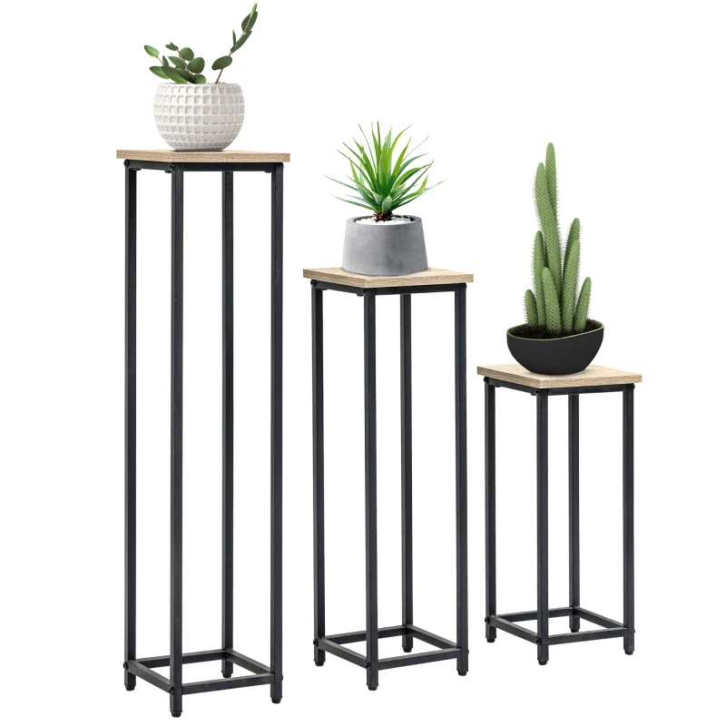 Outsunny Set de 3 suporturi pentru ghivece portplante patrate empilabile - 21 x 21 x 50/70/90 cm - otel