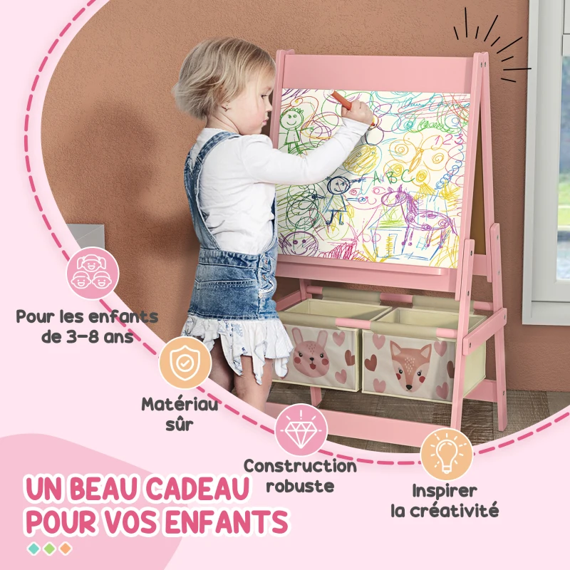 Table et 2 chaises pour enfants + tableau chevalet double-face + meuble à jouets de rangement à 6 boîtes, rose