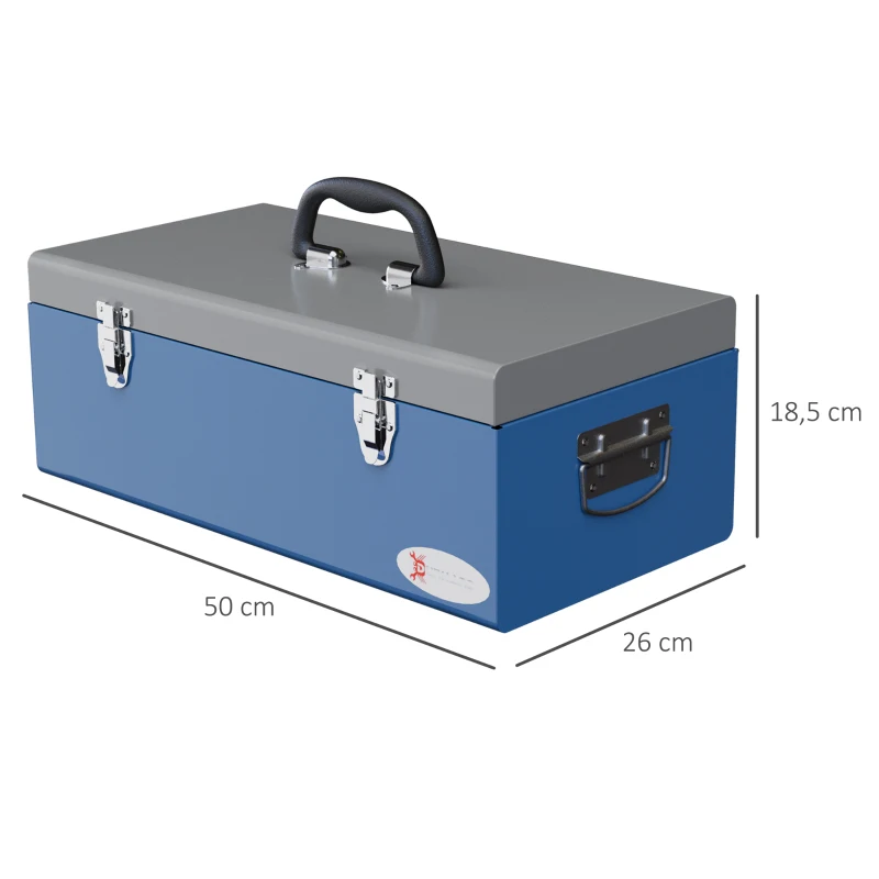 DURHAND Caisse boite à outils en métal transportable cu 3 mânere, 2 încuietori, dim. 50L x 26l x 18,5H cm, bleu