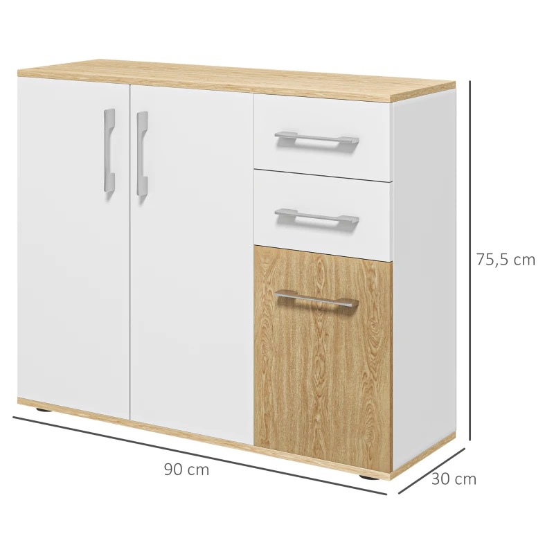 HOMCOM Bufet de Bucătarie cu 2 Sertare 2 Dulapuri și Rafturi Ajustabile pentru Sufragerie 90x30x75,5 cm Alb și Natural