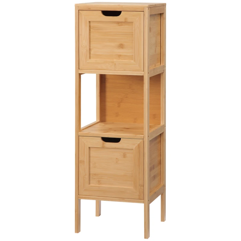kleankin Comodă de depozitare coloană pentru baie din bambus 2 sertare și 1 raft - dim. 30L x 30l x 90H cm