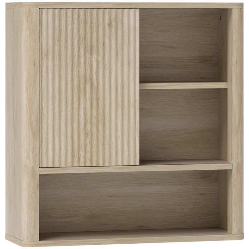HOMCOM Dulap de baie montabil pe perete cu rafturi reglabile, ușă glisantă și rafturi deschise, lemn natural