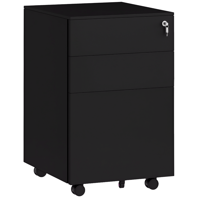 Vinsetto Container cu role și sertare, Negru, 3 sertare, blocabil, mobil, 37 cm x 43,5 cm x 60 cm