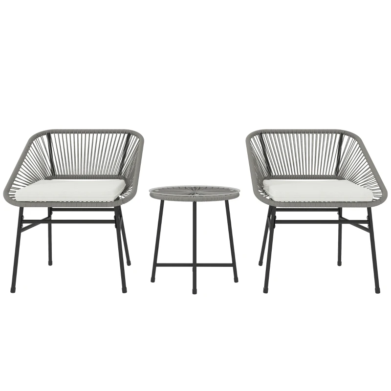 Outsunny Set de mobilier de exterior cu 3 piese, 1 masă, 2 scaune, Împletitură de ratan, Cadru din oțel, Masă de cafea cu blat de sticlă, Gri închis