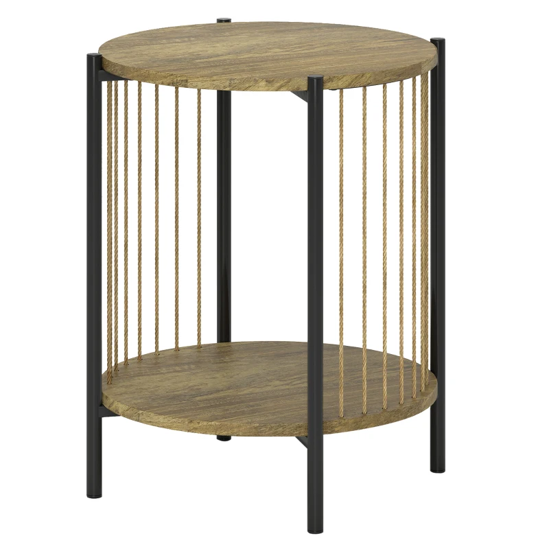 HOMCOM Masă Auxiliară Rotundă de 2 Nivele cu Raft și Structură de Oțel 43,5x43,5x51 cm Lemn Natural