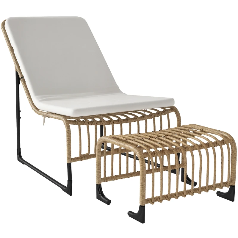 Outsunny Fotoliu relaxare ratan cu taburet, UV rezistent, perne, fotoliu de grădină, 65x93x80 cm, lemn natural