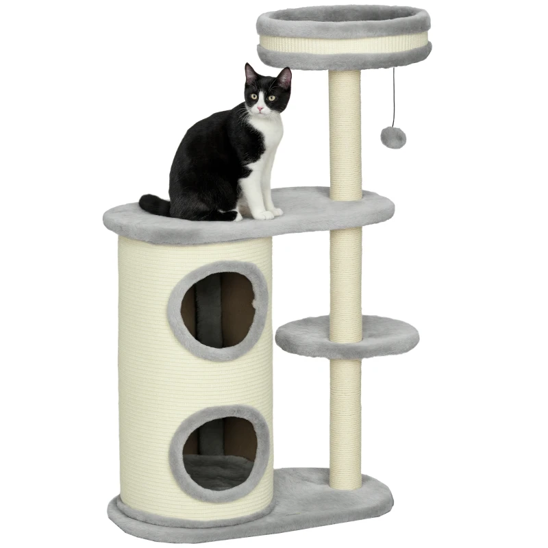 PawHut Copac de Zgariat pentru Pisici, Stalpi din Sfoara de Sisal, Plus Moale, Design Multifunctional, Jucarie cu Minge, Gri, 59x35x100 cm