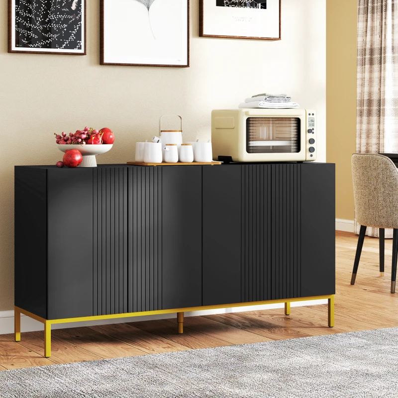 HOMCOM Bufet design contemporan grafic 2 dulapuri uşă rafturi reglabile lemn negru metal auriu