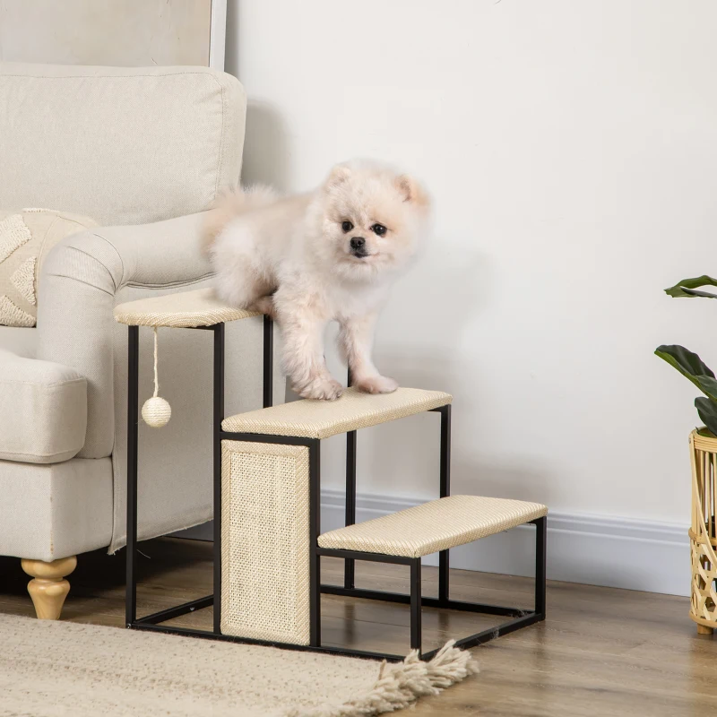 PawHut Scară pentru pisici, cu panou de zgâriere, 3 trepte, minge de joc, robustă, oțel+Sisal, crem+negru, 51 x 54 x 53cm