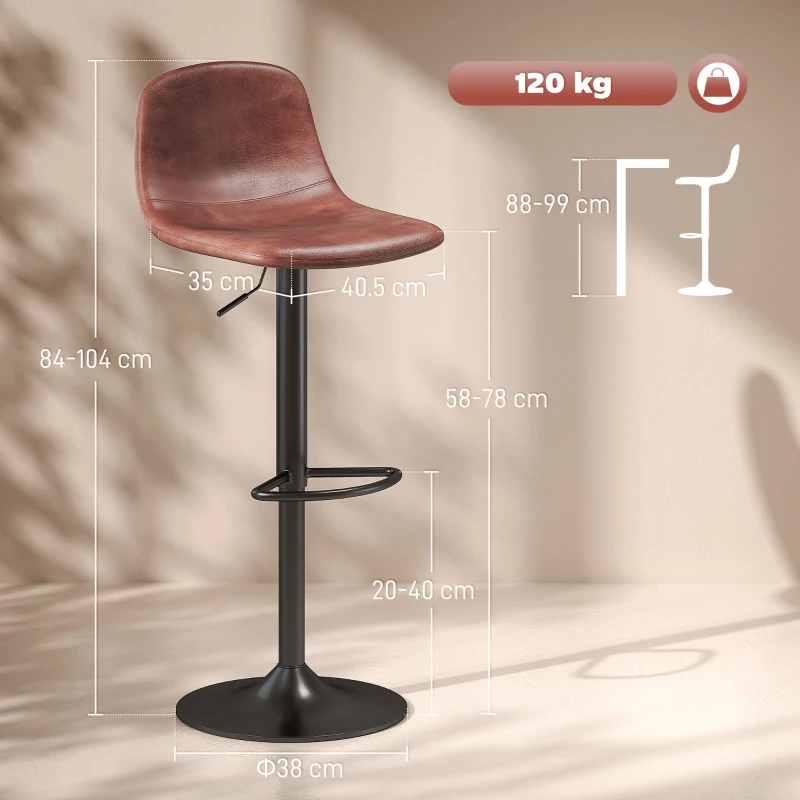 HOMCOM Set 2 Scaune Inalte Reglabile 360° cu Spatar si Suport pentru Picioare pentru Bucatarie Bar sau Sufragerie 40,5x44x84-104 cm Maro