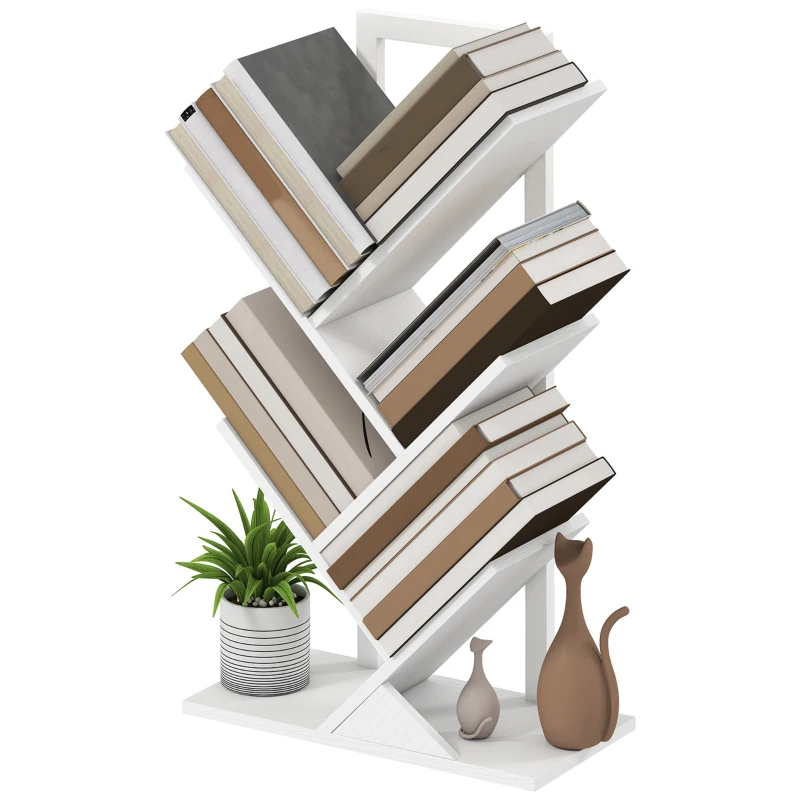 HOMCOM Bibliotecă în Formă de Copac cu 5 Rafturi și Sistem Antivărsare pentru Sufragerie Dormitor 50x24x82 cm Alb