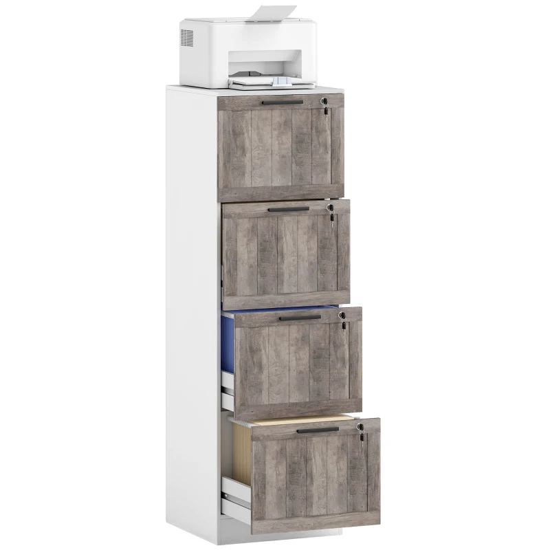 HOMCOM Cajonieră de Birou cu 4 Sertare Încuietoare 2 Chei Bare Suspendate pentru A4 Scrisoare 39,4x40x129 cm Alb și Lemn