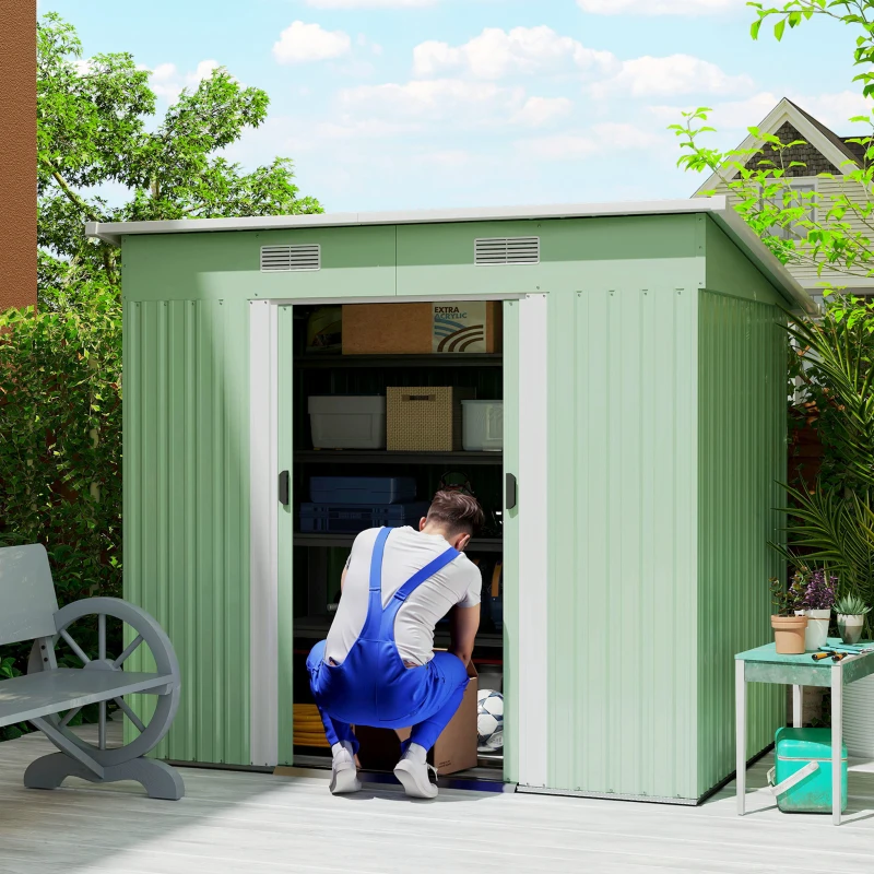 Outsunny Magazie de unelte din metal 2,3 m² 207 x 130 x 182 cm - Magazin pentru unelte cu acoperiș în pantă, fereastră, cadru de sol, verde