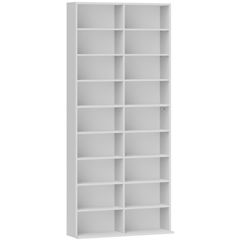 HOMCOM Raft pentru DVD-uri, Raft de depozitare CD, 14 rafturi reglabile, 18 compartimente, 175 cm, Raft Blu-ray, Placă de lemn, Alb
