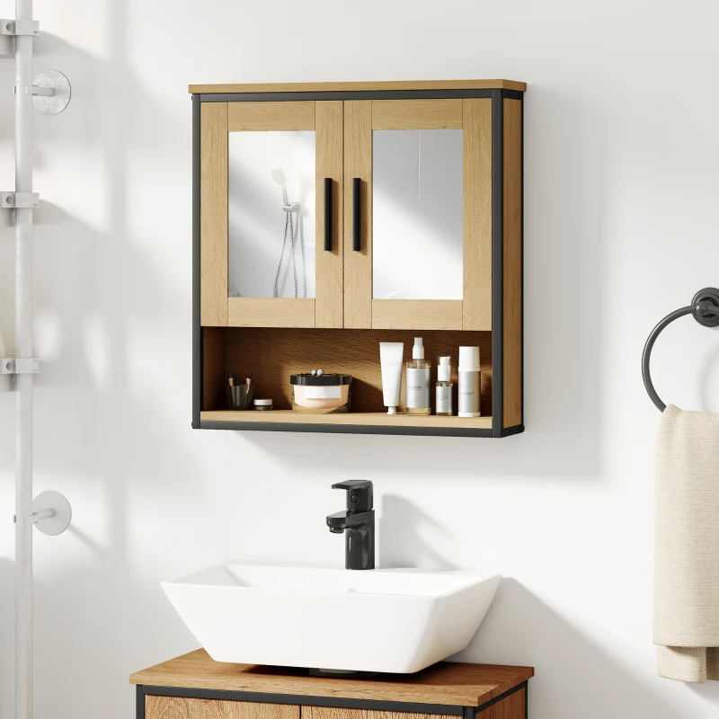 HOMCOM Dulap cu oglindă pentru baie, mobilier baie cu compartiment deschis și raft reglabil, stejar