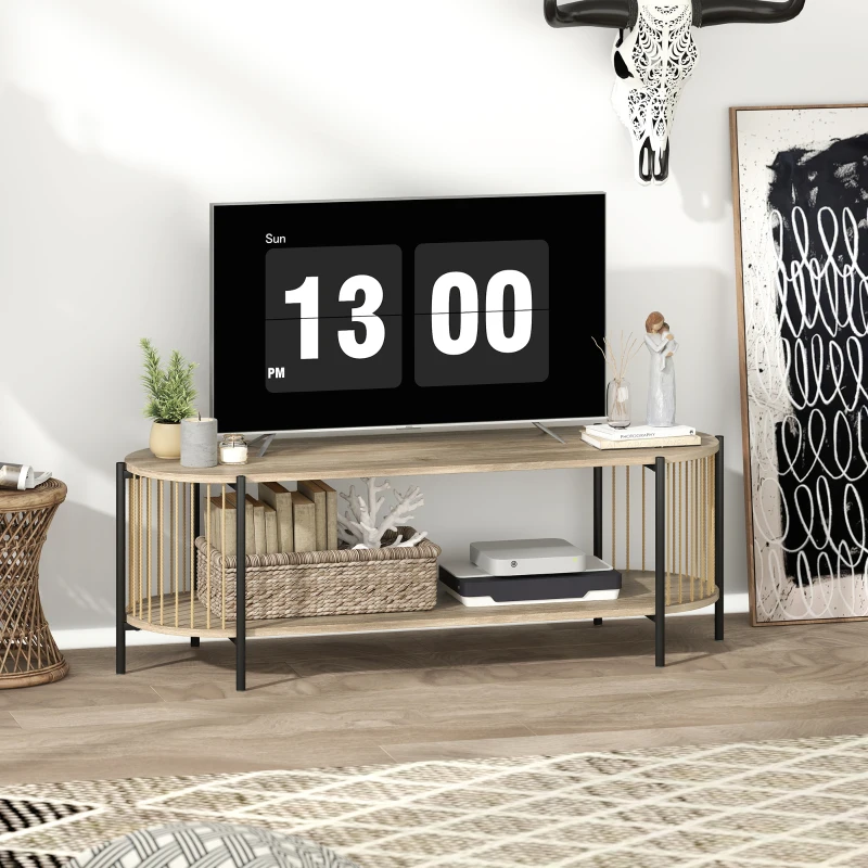 HOMCOM Suport TV Stil Bohemio pana la 55 Inch cu Design in Sfoara de Hartie si 2 Rafturi Deschise 124x43,5x41 cm Natural