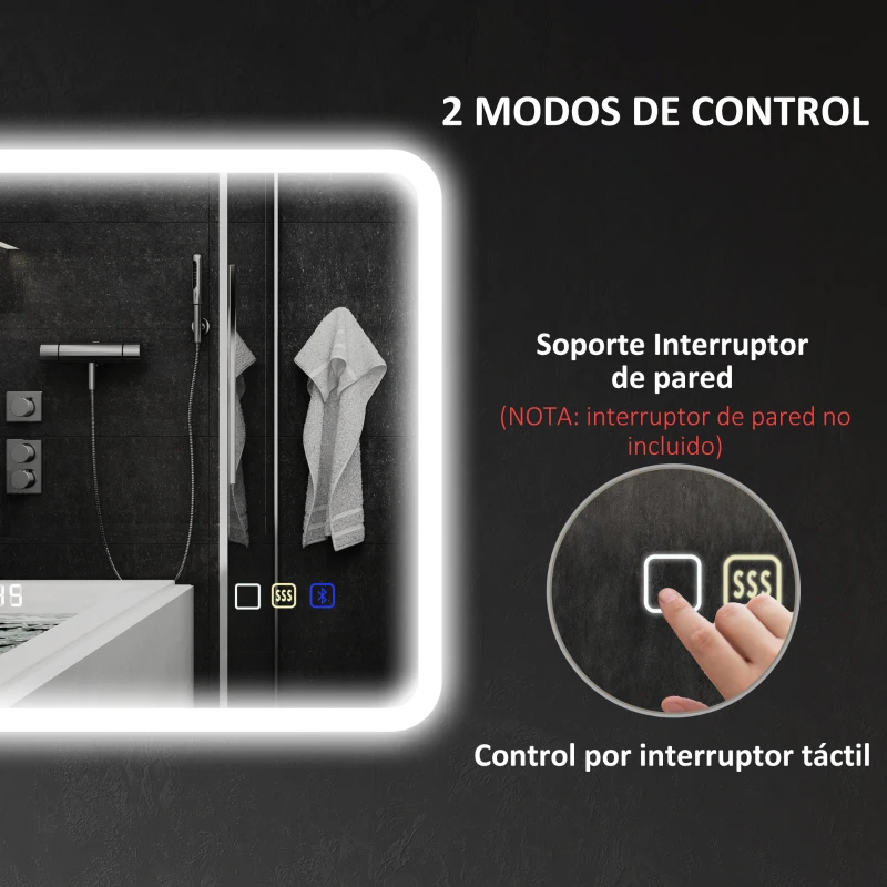 HOMCOM Oglindă de Baie cu Leduri 70x50 cm cu Bluetooth 3 Culori de Lumină Ceas Digital Funcție Anticeață Funcție de Memorie