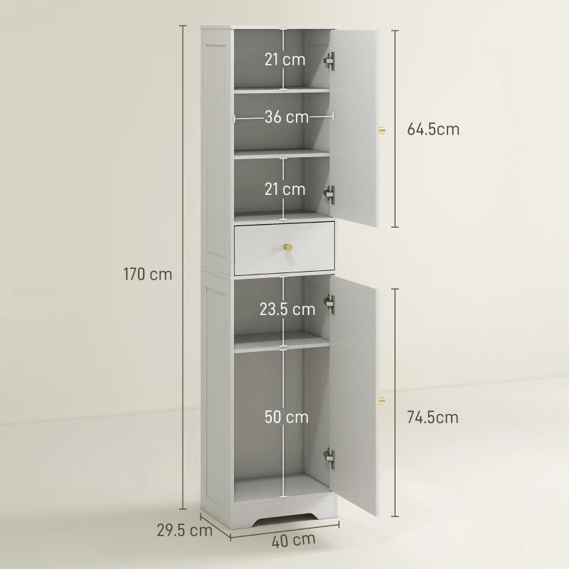 HOMCOM Dulap baie înalt, mobilier depozitare coloană cu dulapuri, sertar și rafturi reglabile 40x29,5x170cm alb