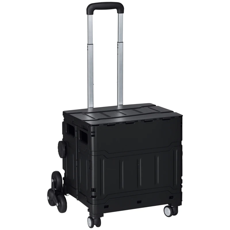 HOMCOM Cărucior de cumpărături pliabil, cu trepte, mâner telescopic, capacitate 65 kg, negru.
