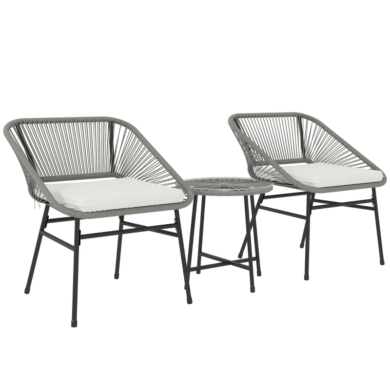 Outsunny Set de mobilier de exterior cu 3 piese, 1 masă, 2 scaune, Împletitură de ratan, Cadru din oțel, Masă de cafea cu blat de sticlă, Gri închis