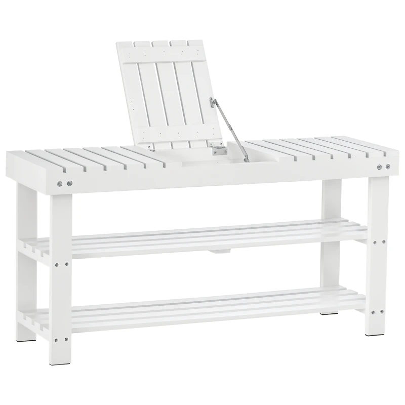 HOMCOM Banc pentru pantofi din lemn cu 3 niveluri cu rafturi de depozitare și compartiment ascuns, 90 x 29 x 45 cm, alb