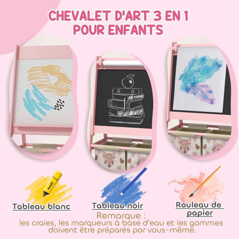 Table et 2 chaises pour enfants + tableau chevalet double-face + meuble à jouets de rangement à 6 boîtes, rose