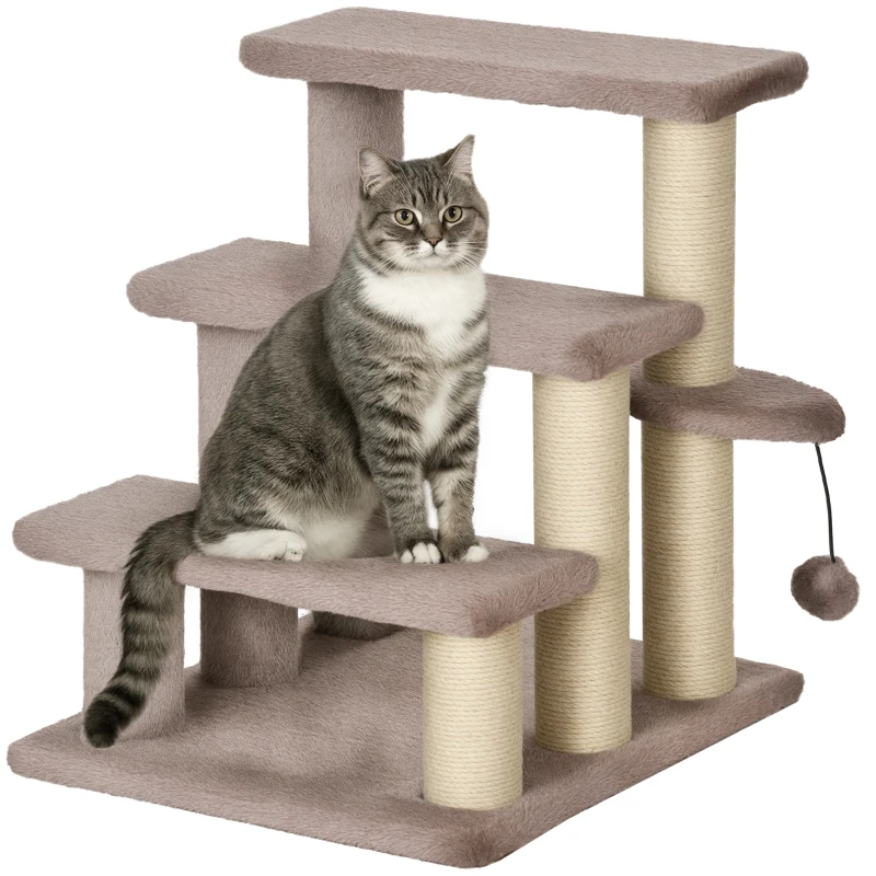 PawHut Arbore pentru zgârieturi, scara pentru animale de companie, 3 trepte, minge de joc, până la 5 kg, 45x40x48cm, Maro