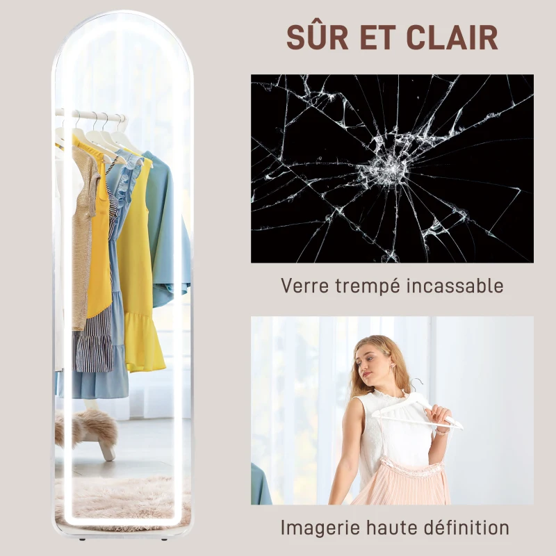 HOMCOM Oglindă completă în arc oglindă de corp cu LED 3 culori lumina reglabile funcție memorie 150 x 40 cm argintiu