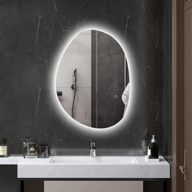 HOMCOM Oglindă de Baie Asimetrică LED 70 x 50 cm - 3 culori, anti-abur, montare murală cu comutator tactil