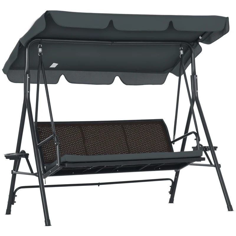 Outsunny Leagăn de Grădină de 3 Locuri cu Acoperiș Reglabil Suporturi pentru Pahar și Tăvițe Scaun 320 kg 204x112x150 cm Gri