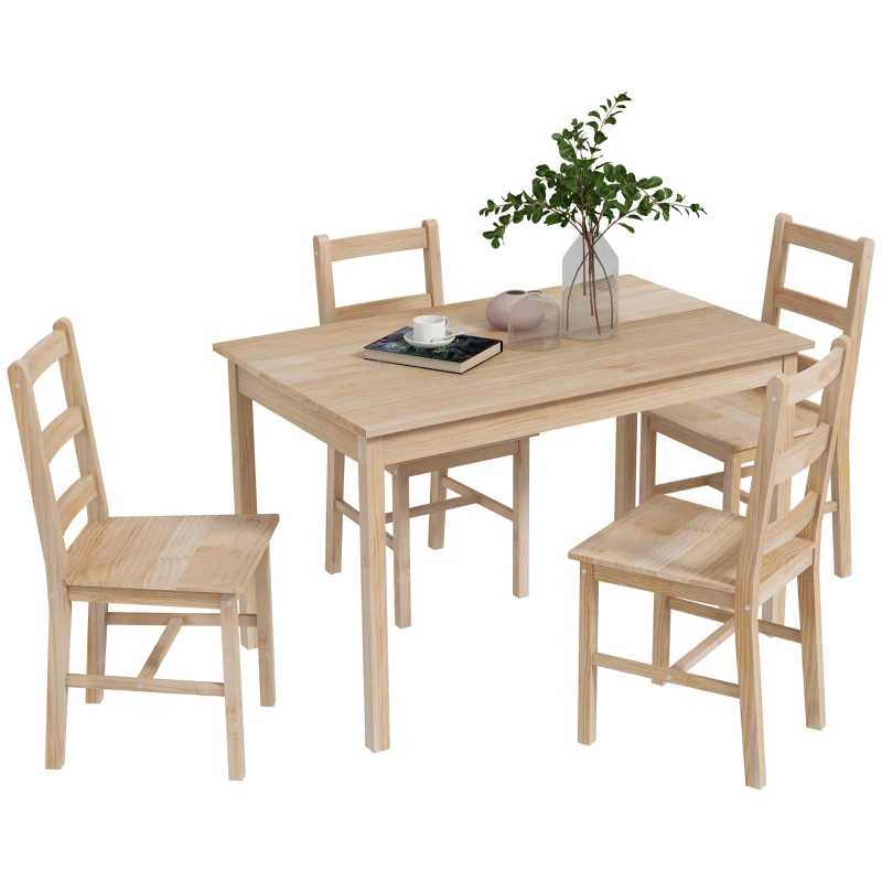 HOMCOM Set de masă 5 piese, masă cu scaune, lemn masiv, 118 cm x 73 cm x 75 cm, natur