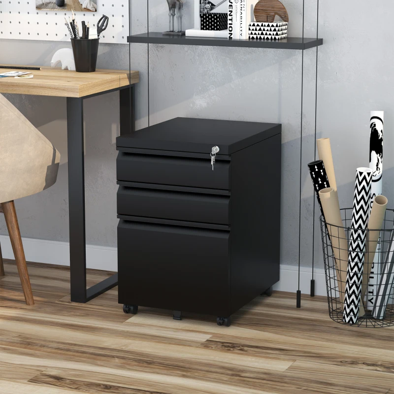 HOMCOM Dulap de birou mobil cu depozitare pe roți 3 sertare blocabile 39 x 48 x 60 cm negru