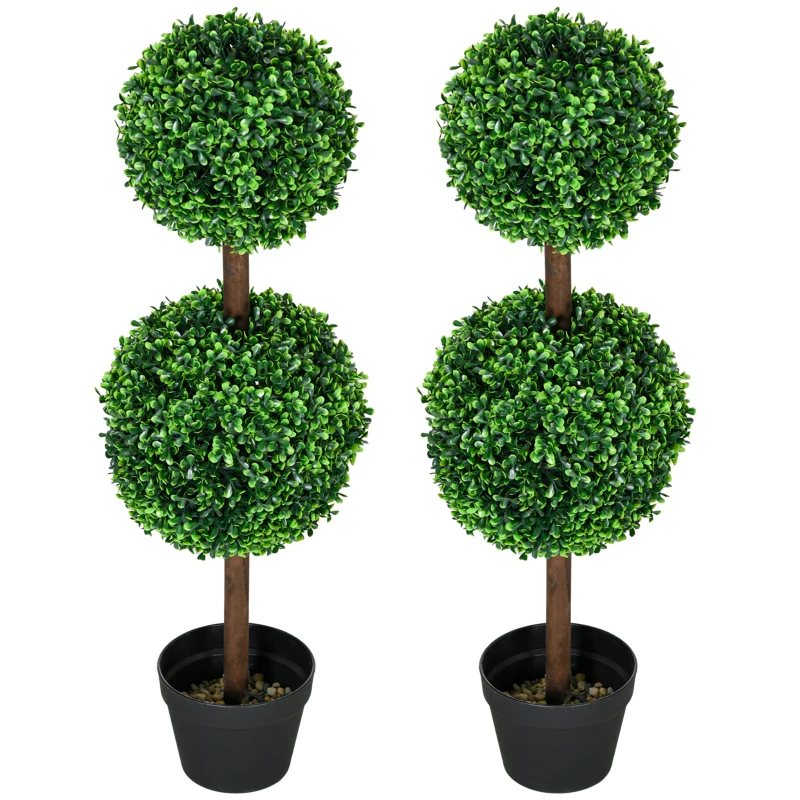 HOMCOM Set de 2 arbori buxus artificial cu dublă mingi cu trunchi și ghiveci inclus - înălțime 90 cm verde