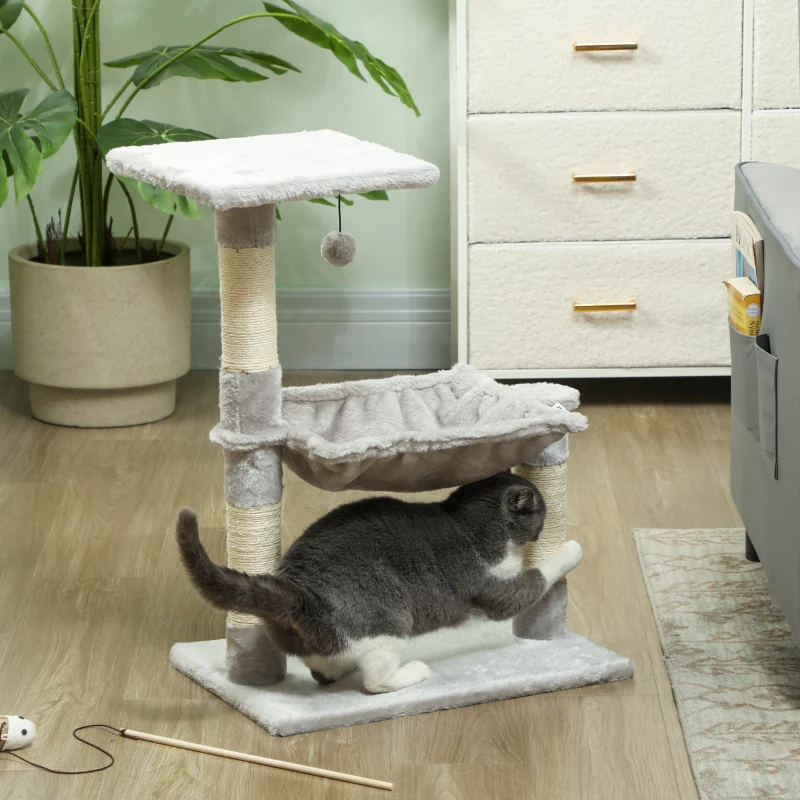 PawHut Arbore de pisici 3 dălți zgărie sisal natural platformă hamac și minge suspendată 50 x 26 x 70 cm pluș scurt gri