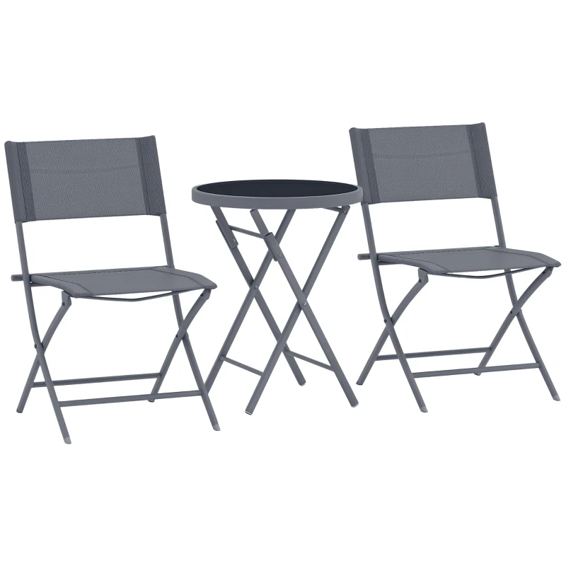 Outsunny Set de bistrou 3 piese pliabil din metal, 2 scaune și 1 masă rotundă, set de grădină exterior pentru 2 persoane, gri