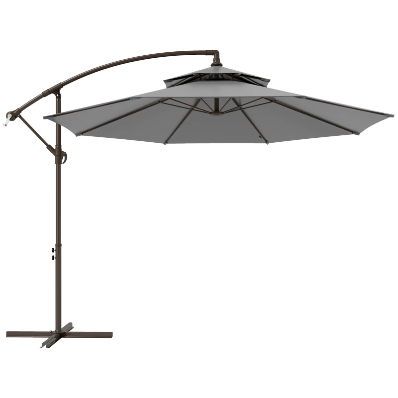 Outsunny Umbrelă, Cu Manivelă și Acoperiș Dublu Bază în Formă de Cruce Oțel Protecție Solară Ø2,67 x 2,45 m Gri deschis