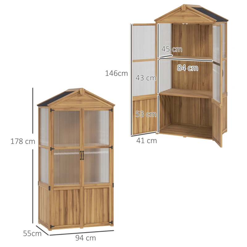 Outsunny Abri de jardin en bois, cabana de gradina cu panouri in acrilic rafturi detașabile x 55 x 178 cm, natural
