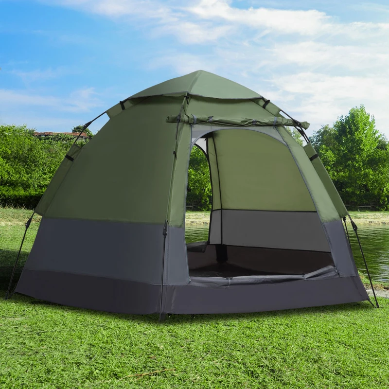 Outsunny Cort pop-up cort de camping 3-4 pers. cort cupolă impermeabilizat ușor ventilat ușor de montat 2 uși mari dim. 2,6L x 2,6l x 1,5H m fibră de sticlă poliester oxford verde gri
