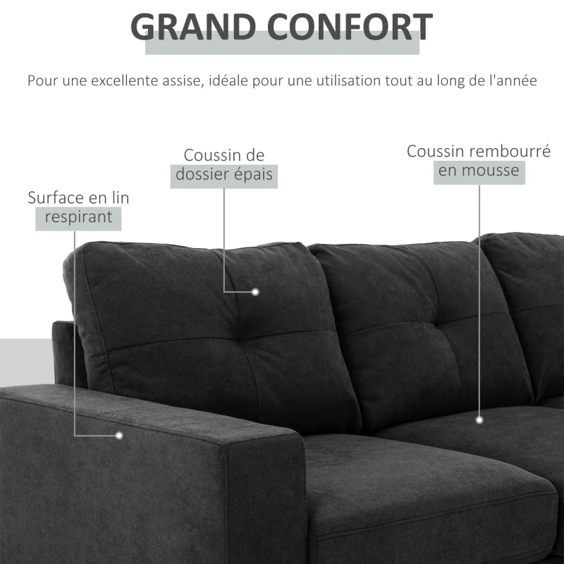 HOMCOM Canapé d'angle en tissu de lin forme L design scandinave pour salon appartement petit espace 193x136x85cm noir