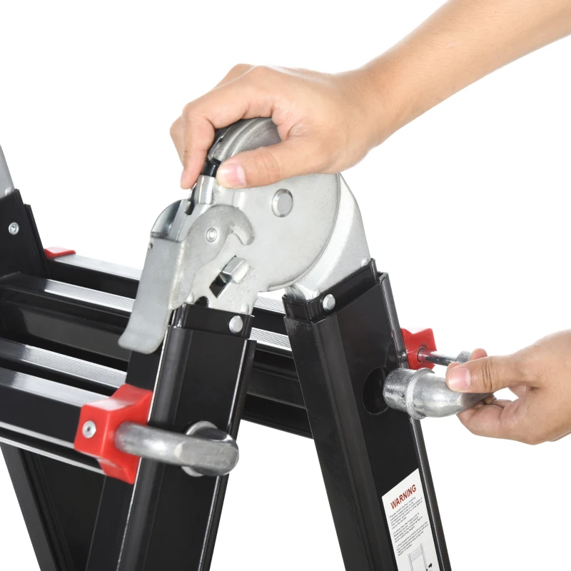 HOMCOM Scară telescopică, trepte antialunecare, rezistentă până la 150 kg, aluminiu, Negru+Roșu