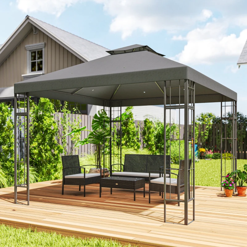 Outsunny Pavilion de grădină 3x3 m, Design cu acoperiș în două trepte, Protecție UV30+, Rezistent la UV, Protecție solară, Cadru metalic, Gri închis