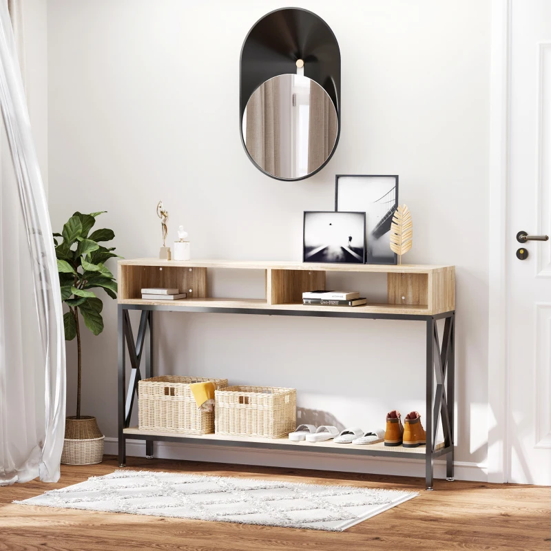 HOMCOM Masă de Console Masă de Intrare Industrială cu Multi-depozitare 120 x 23,5 x 75 cm Lemn Chêne