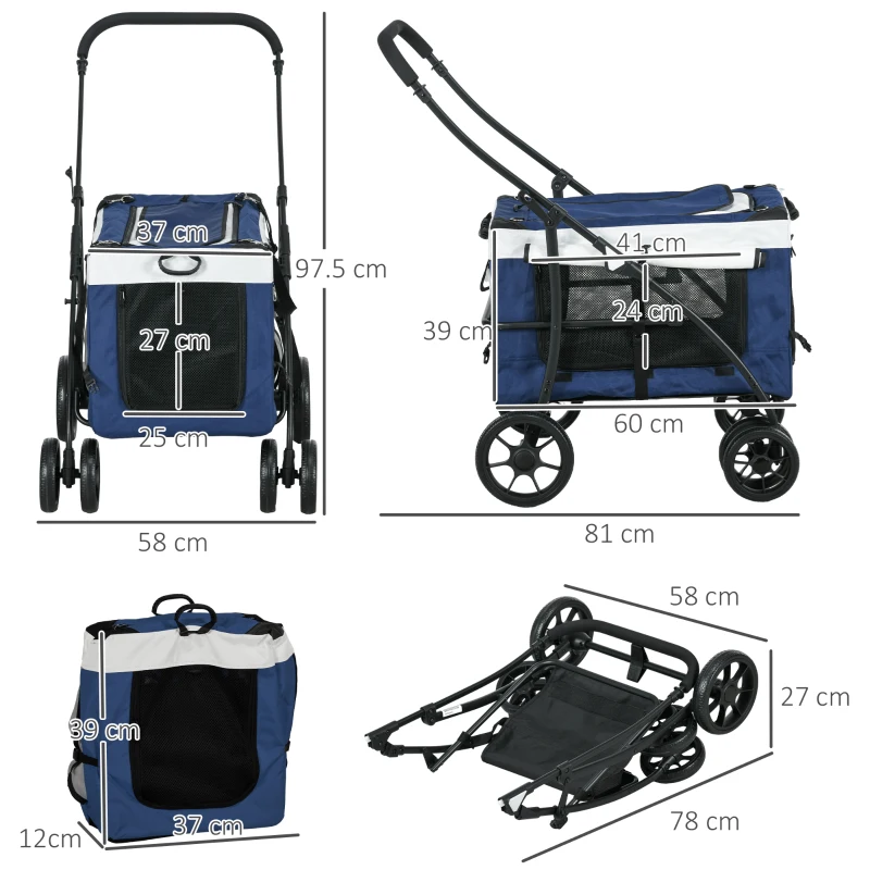 Cărucior pentru câini și pisici PawHut, pliabil, cu container detasabil, 81 x 58 x 97,5 cm, Negru + Albastru + Alb
