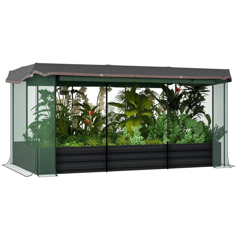 Outsunny Pat înalt cu plasă de protecție pentru păsări și protecție solară, carcasă metalică, 230x110x110 cm, Gri/Verde/Negru