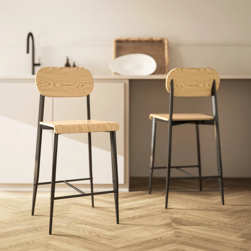 HOMCOM Set de 2 taburete de bar, înalte 65H cm cu spătar, structură din oțel, efect de lemn natural