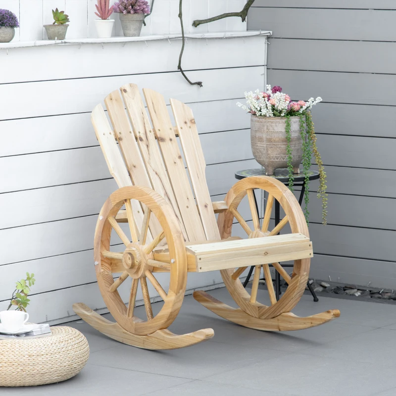 Outsunny Fotoliu de Grădină Adirondack cu Leagan Rocking Chair Stil Rustic Șic brațe Roți de Căruță Lemn de Brad Natural
